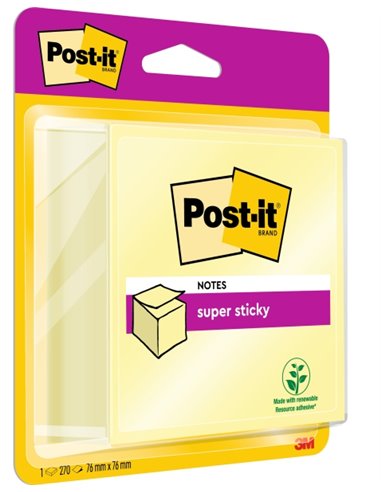 Cube de 270 notes autocollantes repositionnables Post-It Super Sticky - 76 x 76 mm - 100 % PEFC - Jaune clair