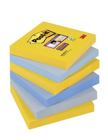Post-It Super Sticky Pack de 6 blocs de 90 notes autocollantes repositionnables - Forme carrée - 76 x 76 mm - Couleurs assorties