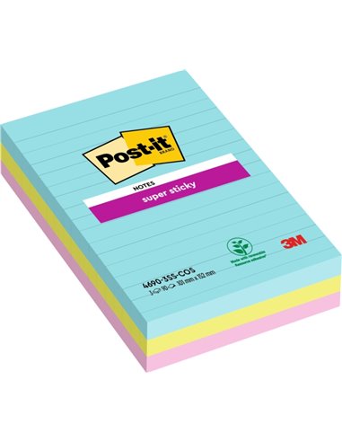 Post-It Super Sticky Pack de 3 blocs de 90 notes autocollantes repositionnables - Forme rectangulaire - 101 x 152 mm - Couleurs 