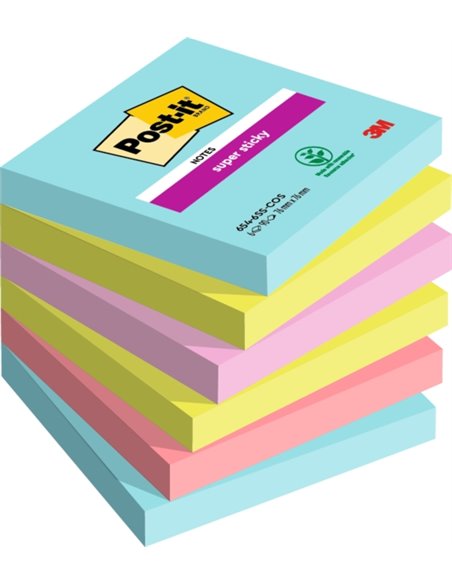 Post-It Super Sticky Pack de 6 blocs de 90 notes autocollantes repositionnables - Forme carrée - 76 x 76 mm - Couleurs assorties