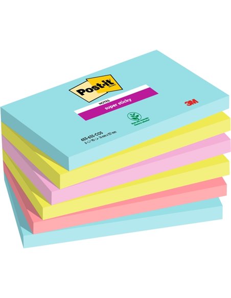 Post-It Super Sticky Pack de 6 blocs de 90 notes autocollantes repositionnables - Forme rectangulaire - Couleurs assorties