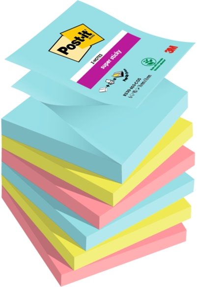 Post-It Super Sticky Pack de 6 blocs de 90 notes autocollantes repositionnables - Forme carrée - 76 x 76 mm - Zig-Zag - Couleurs