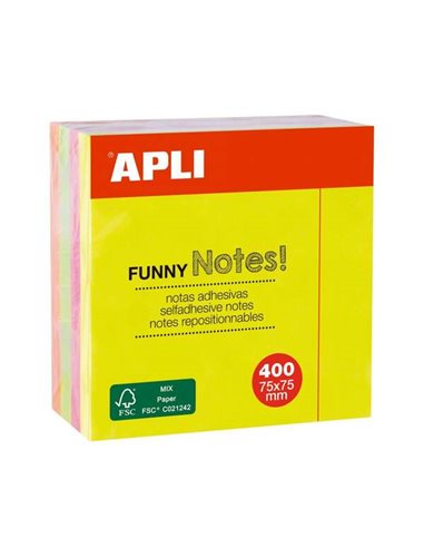 Apli Funny Cube de 400 notes autocollantes 75 x 75 mm - Couleurs fluorescentes assorties