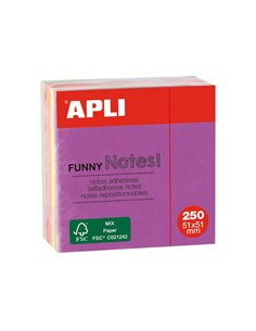 Notes autocollantes amusantes Apli 51 x 51 mm, mini cube, 250 feuilles - 5 couleurs fluorescentes assorties - Amusantes et prati
