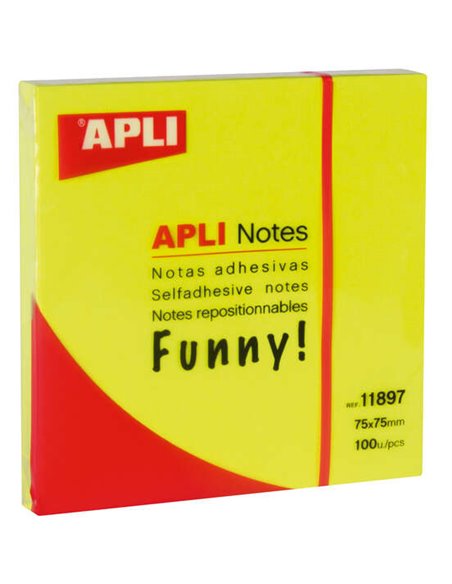 Notes autocollantes amusantes Apli 75 x 75 mm - Bloc de 100 feuilles - Adhésif de qualité - Facile à décoller - Jaune fluo