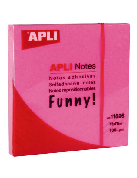 Bloc de 100 notes autocollantes Apli Funny 75 x 75 mm - Adhésif de qualité - Facile à décoller - Rose fluo