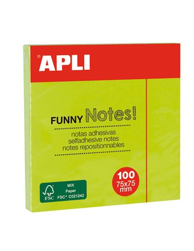 Notes autocollantes amusantes Apli 75 x 75 mm - Bloc de 100 feuilles - Adhésif de qualité - Facile à décoller - Vert fluo