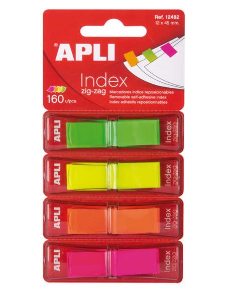 Film adhésif Apli Index Zigzag 45 x 12 mm, 4 distributeurs de 40 index - Facile à appliquer - Résistant - Amovible - Couleurs fl
