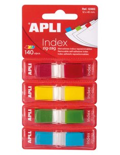 Index adhésifs Apli Zigzag 45 x 12 mm, 4 distributeurs de 35 index de 4 couleurs - Application facile - Adhésif de qualité - Mot