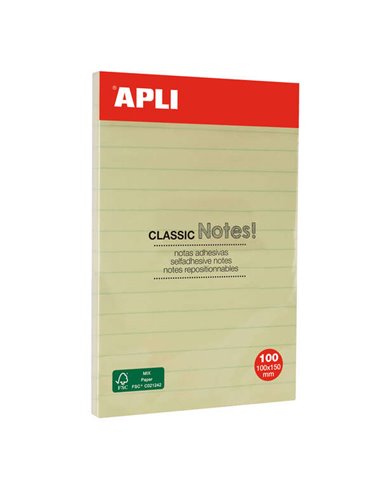 Notes autocollantes classiques Apli avec lignes 100 x 150 mm - Bloc de 100 feuilles - Adhésif de haute qualité - Faciles à décol