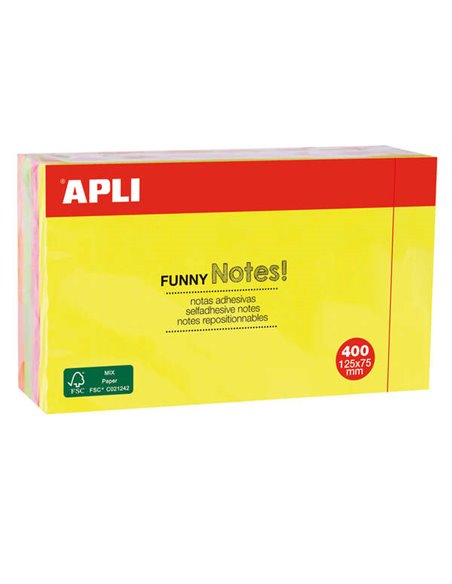 Notes autocollantes amusantes Apli 125 x 75 mm - Bloc de 400 feuilles - 4 couleurs assorties - Fluorescent