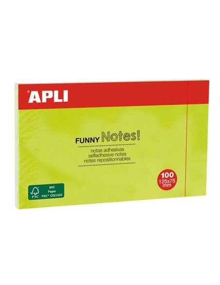 Notes autocollantes amusantes Apli 125 x 75 mm - Bloc de 100 feuilles - Adhésif de qualité - Facile à décoller - Vert fluo