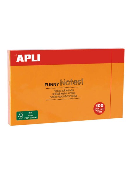 Notes autocollantes amusantes Apli 125 x 75 mm - Bloc de 100 feuilles - Adhésif de qualité - Orange fluo