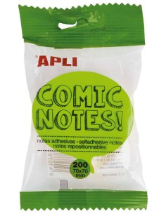 Notes autocollantes Apli Comic 70 x 70 mm - Bloc de 200 feuilles - 4 couleurs assorties - Fluorescent