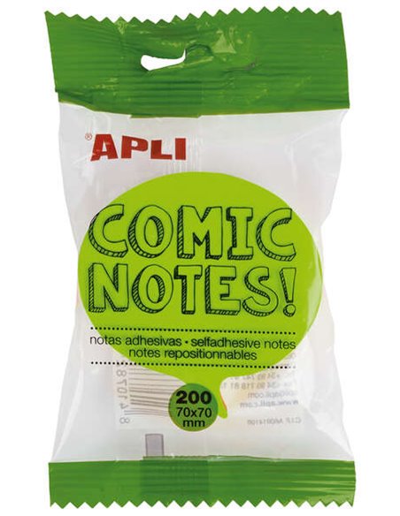 Notes autocollantes Apli Comic 70 x 70 mm - Bloc de 200 feuilles - 4 couleurs assorties - Fluorescent