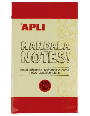 Notes autocollantes Apli Mandala 125 x 75 mm - 100 feuilles - Motif mandala - Adhésif de qualité - Jaune