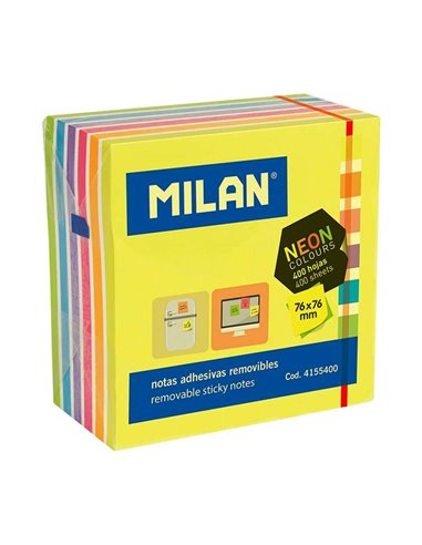 Bloc de 400 notes autocollantes fluo Milan - Amovibles - 76 mm x 76 mm - Couleurs assorties