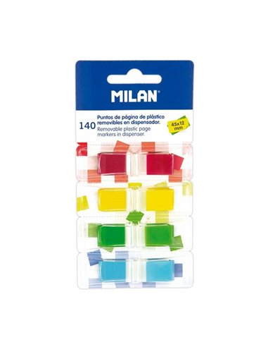 Bloc Milan de 140 points de page transparents colorés - Plastique - Amovible - Dimensions : 45 mm x 12 mm - Couleurs assorties