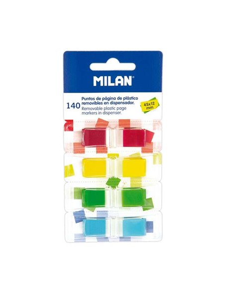 Bloc Milan de 140 points de page transparents colorés - Plastique - Amovible - Dimensions : 45 mm x 12 mm - Couleurs assorties