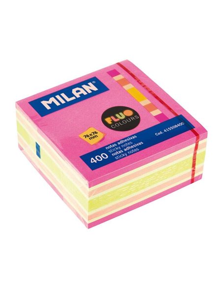 Bloc de 400 notes autocollantes fluorescentes Milan - Amovibles - 76 mm x 76 mm - Couleurs assorties