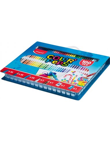 Pack de 100 pièces à colorier Maped Color`Peps : 36 marqueurs, 36 crayons, 24 crayons de couleur, 1 marqueur pointe pinceau, 1 c