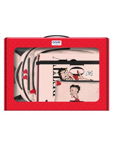 Grand sac à dos 3 compartiments Dohe Betty Boop + recharge pour classeur A4 + trousse triple - Mallette tout-en-un parfaite pour