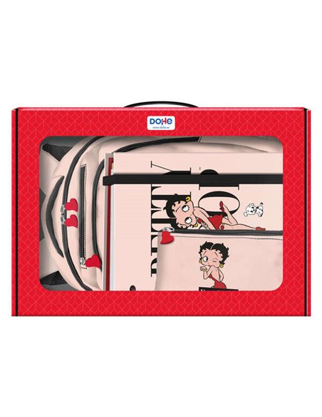 Grand sac à dos 3 compartiments Dohe Betty Boop + recharge pour classeur A4 + trousse triple - Mallette tout-en-un parfaite pour