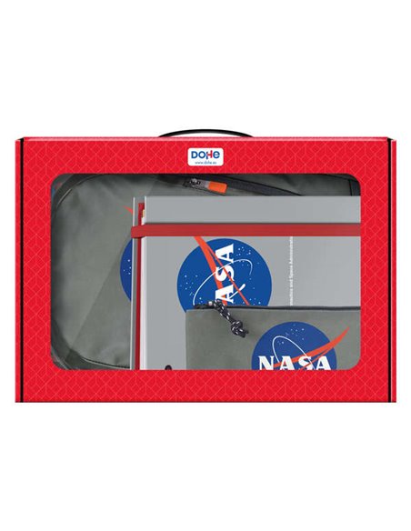 Dohe Pack Sac à dos, classeur et trousse Nasa Gris - Mallette cadeau 365 x 515 x 105 mm - Remplacement de classeur A4, grand sac