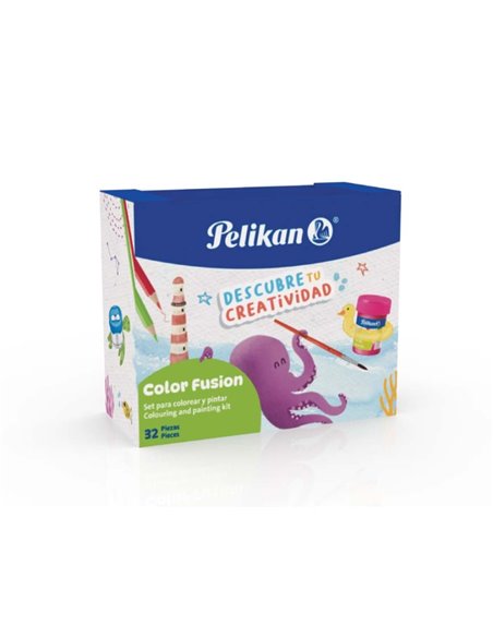 Pack Pelikan Color Fusion avec 12 marqueurs + 12 crayons de couleur + 6 pots de 25 ml, pinceau et réservoir d'eau