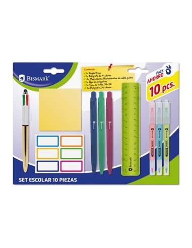 Pack scolaire Bismark avec règle flexible de 15 cm, stylo 4 couleurs, 3 marqueurs fluorescents double pointe, notes autocollante