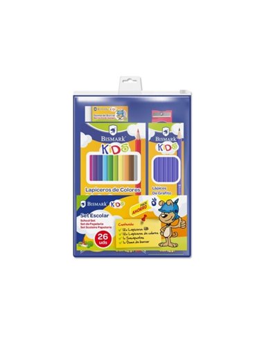 Coffret scolaire Bismark avec 12 crayons HB, 12 crayons de couleur, un taille-crayon et une gomme