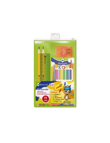 Pack scolaire Bismark avec 6 marqueurs de couleur, 2 crayons géants, une règle flexible de 15 cm, un taille-crayon et des ciseau