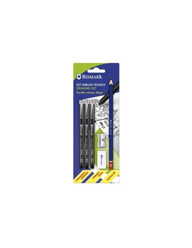 Pack scolaire Bismark avec 3 marqueurs noirs calibrés 0,2, 0,4 et 0,8 mm, crayon HB, gomme et taille-crayon