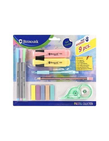 Coffret scolaire Bismark Pastel comprenant un crayon, un stylo à bille, 2 marqueurs, un ruban correcteur, un jeu de drapeaux pou