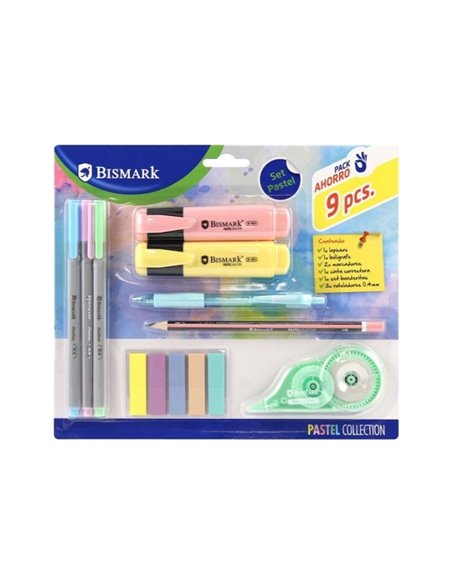Coffret scolaire Bismark Pastel comprenant un crayon, un stylo à bille, 2 marqueurs, un ruban correcteur, un jeu de drapeaux pou