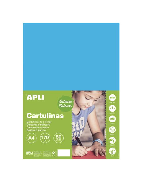 Papier cartonné Apli bleu moyen A4 170 g, 50 feuilles
