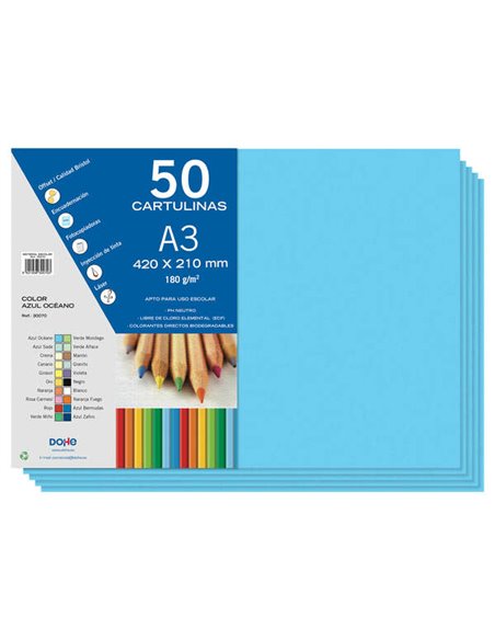 Lot de 50 feuilles de papier cartonné Dohe A3 - 180 g - Sans chlore - Colorants biodégradables - Bleu océan