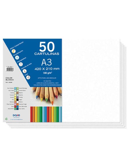Paquet de 50 feuilles de papier cartonné Dohe A3 180 g - pH neutre - Sans chlore élémentaire - Couleur blanche