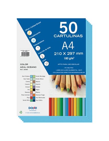 Lot de 50 feuilles de papier cartonné Dohe A4 180 g/m² - pH neutre - Sans chlore élémentaire - Bleu océan