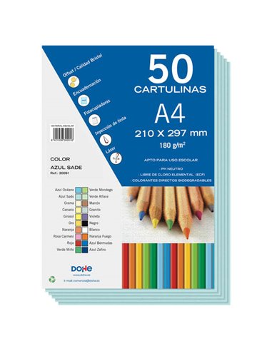 Lot de 50 feuilles cartonnées Dohe A4 180 g - pH neutre - Sans chlore élémentaire - Couleur bleu Sado