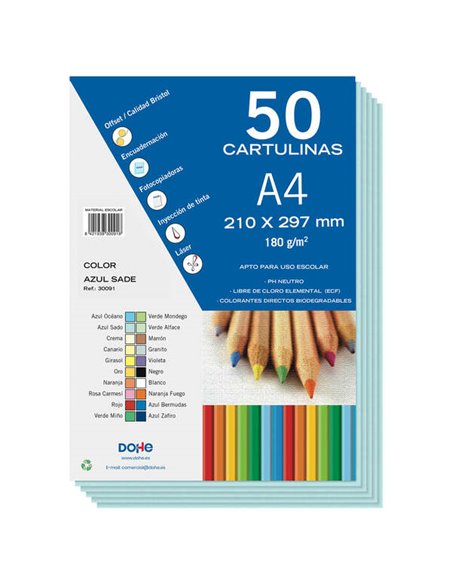 Lot de 50 feuilles cartonnées Dohe A4 180 g - pH neutre - Sans chlore élémentaire - Couleur bleu Sado