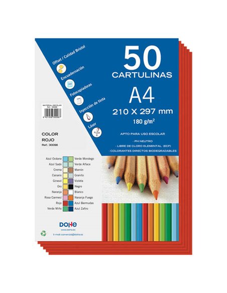 Lot de 50 feuilles de papier cartonné Dohe A4 180 g/m² - pH neutre - Sans chlore élémentaire - Rouge