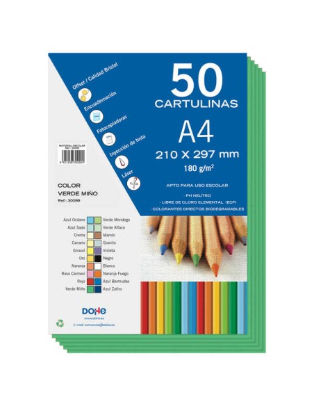 Lot de 50 feuilles de papier cartonné Dohe A4 180 g/m² - pH neutre - Sans chlore élémentaire - Colorants biodégradables - Vert M