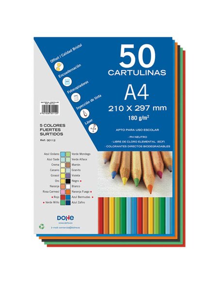 Lot de 50 feuilles de papier cartonné Dohe A4 180 g/m² - pH neutre - Sans chlore élémentaire - Couleurs intenses assorties