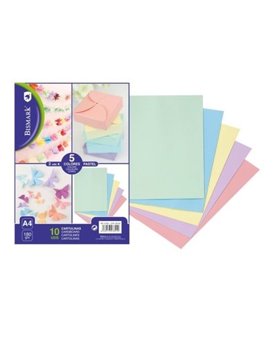 Lot de 10 feuilles de papier cartonné Bismark 180 g/m² - Format A4 - Couleurs pastel assorties