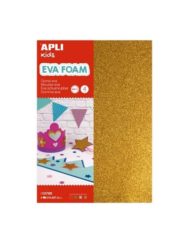 Lot de 4 feuilles de mousse EVA pailletées A4 Apli - Épaisseur 2 mm - Imperméables - Thermoformables - Couleurs or, argent, roug