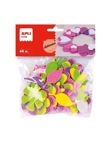 Formes de fleurs adhésives Apli en mousse EVA - 48 formes - Tailles assorties - Matériau doux et sûr - Couleurs de paillettes as