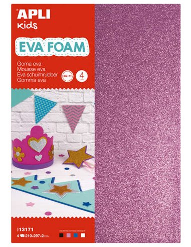 Apli Goma Eva Glitter A4 4 feuilles - Blanc, noir, rouge et bleu - Idéal pour les loisirs créatifs et la décoration