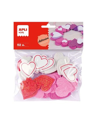 Lot de 52 cœurs adhésifs en mousse EVA avec finition pailletée - Tailles et motifs assortis - Matériau doux et sûr - Couleurs as