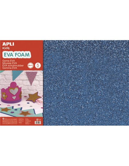 Apli Goma Eva Glitter Bleu 600x400mm - 3 feuilles brillantes et flexibles